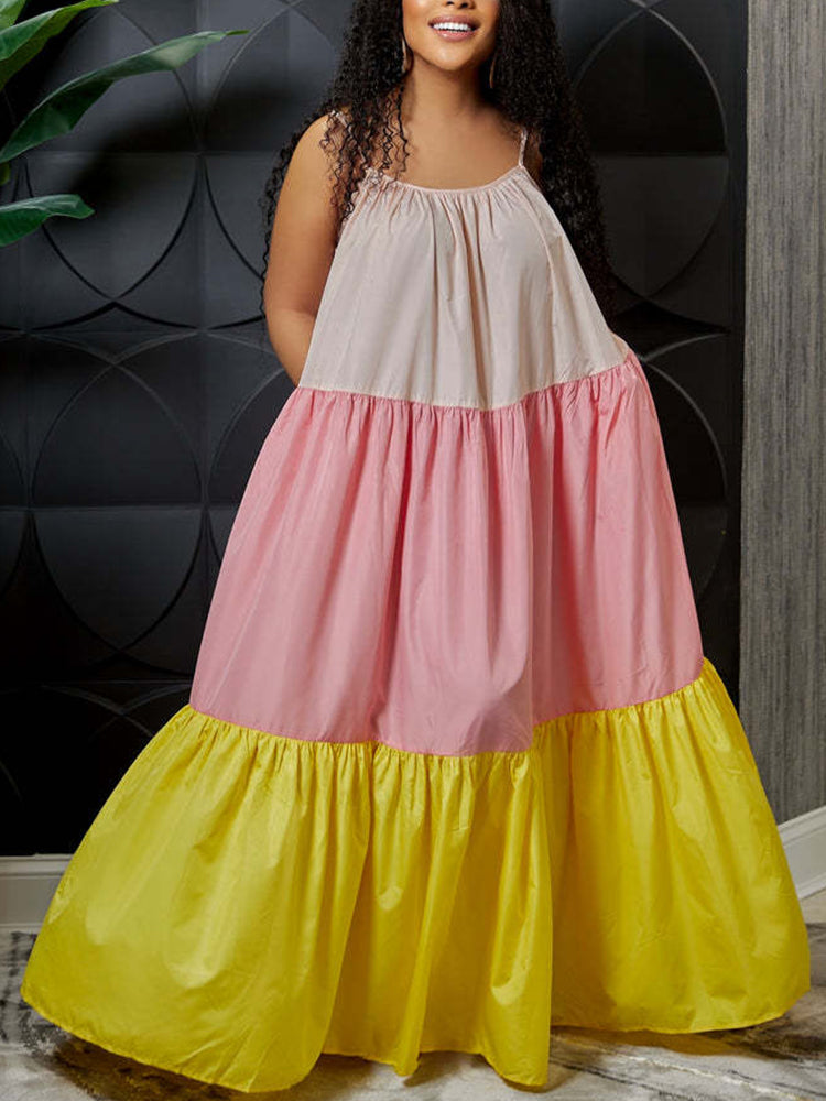 Vestido largo con bloques de color y tirantes finos