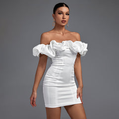 Schulterfreies, kurzärmliges Mini-Bodycon-Kleid mit Rüschen