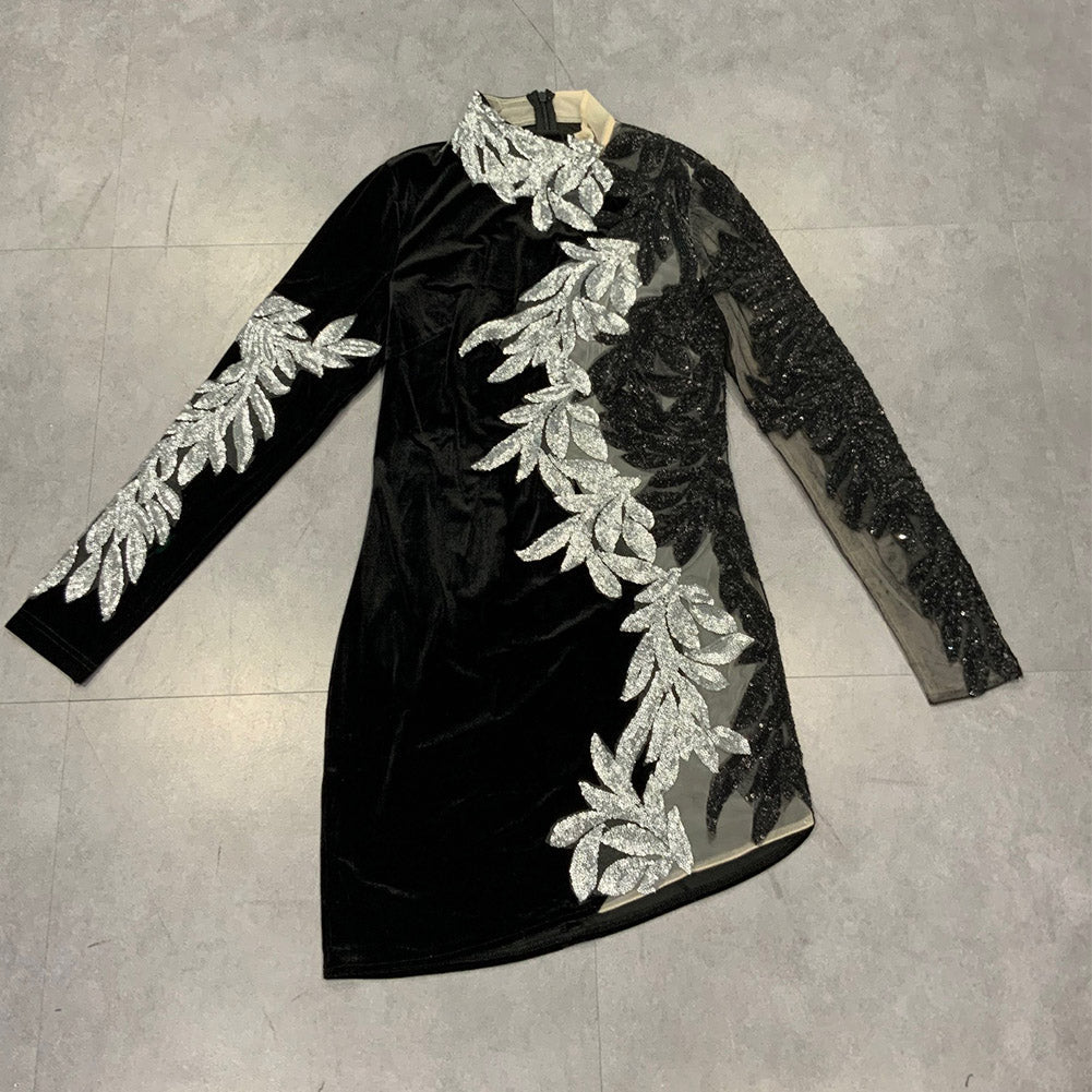 High Neck Long Sleeve Sequins Mini Bodycon Dress