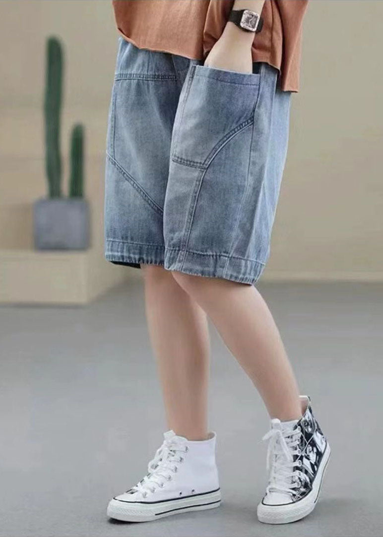 Handgemachte Jeans Hellblau Elastische Taille Taschen Patchwork Baumwolle Kurze Hose