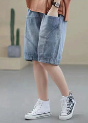 Handgemachte Jeans Hellblau Elastische Taille Taschen Patchwork Baumwolle Kurze Hose