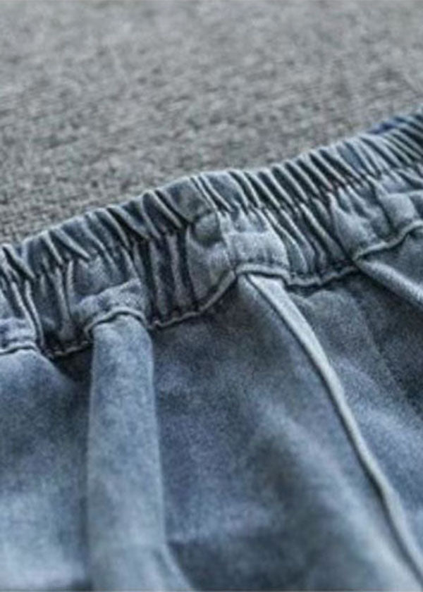 Handgemachte Jeans Hellblau Elastische Taille Taschen Patchwork Baumwolle Kurze Hose