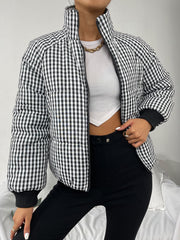 High Neck Gingham Print Zip Up Winter Coat Sai Feel