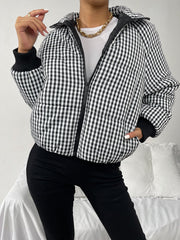 High Neck Gingham Print Zip Up Winter Coat Sai Feel