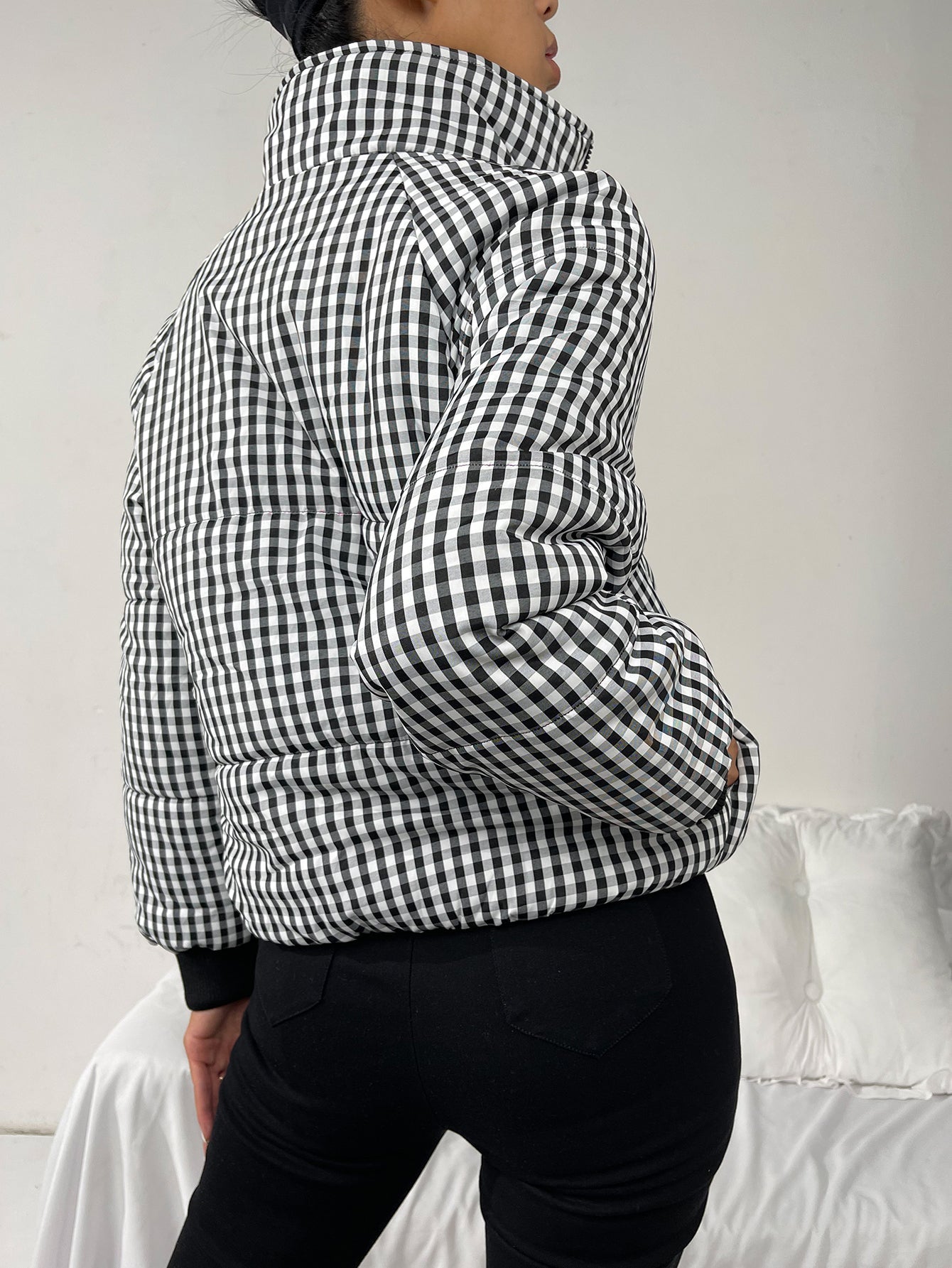 High Neck Gingham Print Zip Up Winter Coat Sai Feel