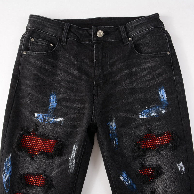 Schwarze Jeans mit Farbspritzer-Print