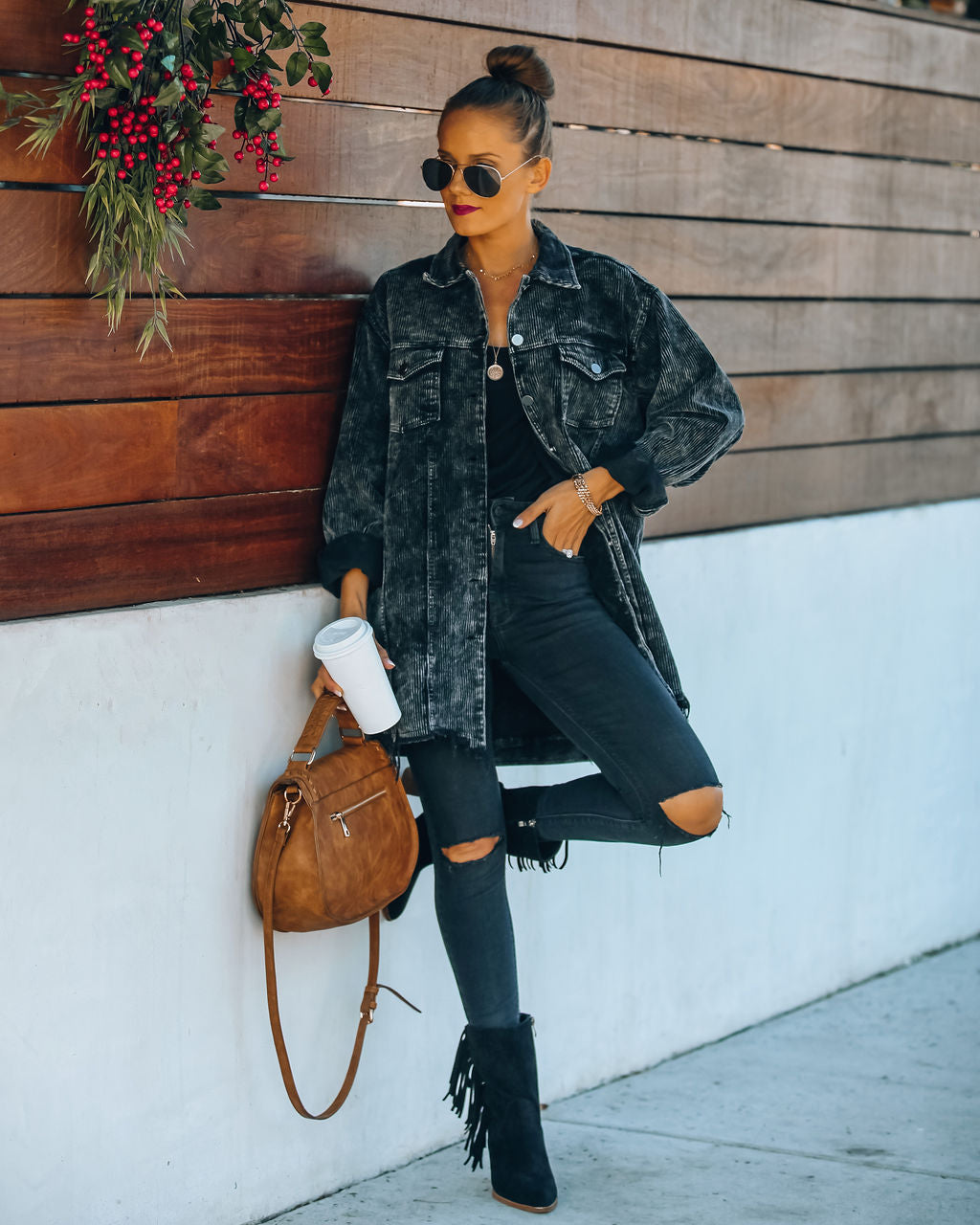 Maddy Baumwoll-Shacket aus Distressed-Cord - Steinschwarz