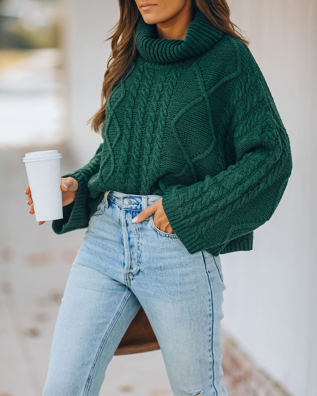 Lyla Zopfmusterpullover aus Baumwollmischung - Jägergrün