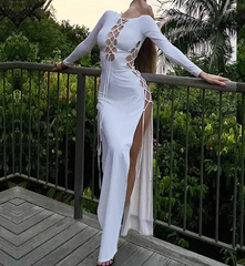 Long Sleeve Lace Up Maxi Dresses