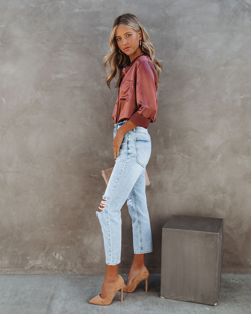 Impulse Satin-Bluse mit Knopfleiste – Rost