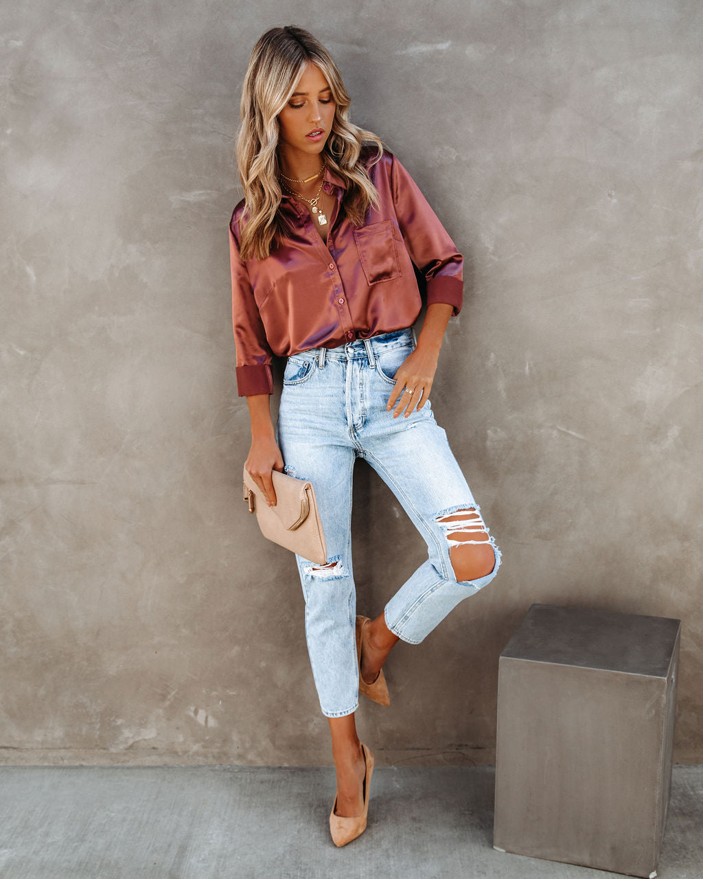 Impulse Satin-Bluse mit Knopfleiste – Rost