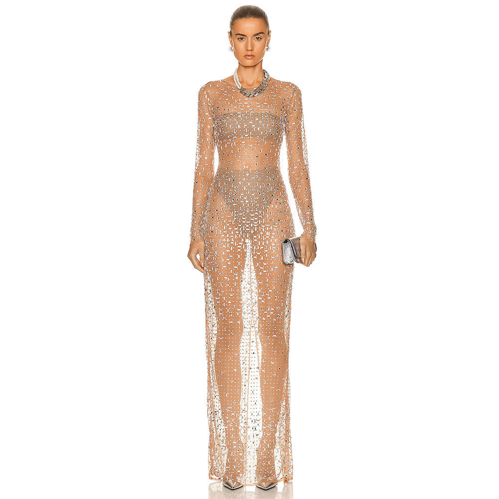 Maxi-Bodycon-Kleid mit Rundhalsausschnitt, langen Ärmeln und Strass