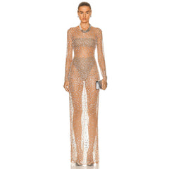 Maxi-Bodycon-Kleid mit Rundhalsausschnitt, langen Ärmeln und Strass