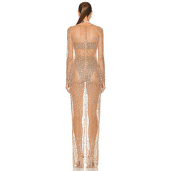 Maxi-Bodycon-Kleid mit Rundhalsausschnitt, langen Ärmeln und Strass