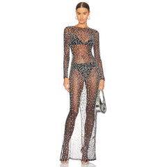 Maxi-Bodycon-Kleid mit Rundhalsausschnitt, langen Ärmeln und Strass
