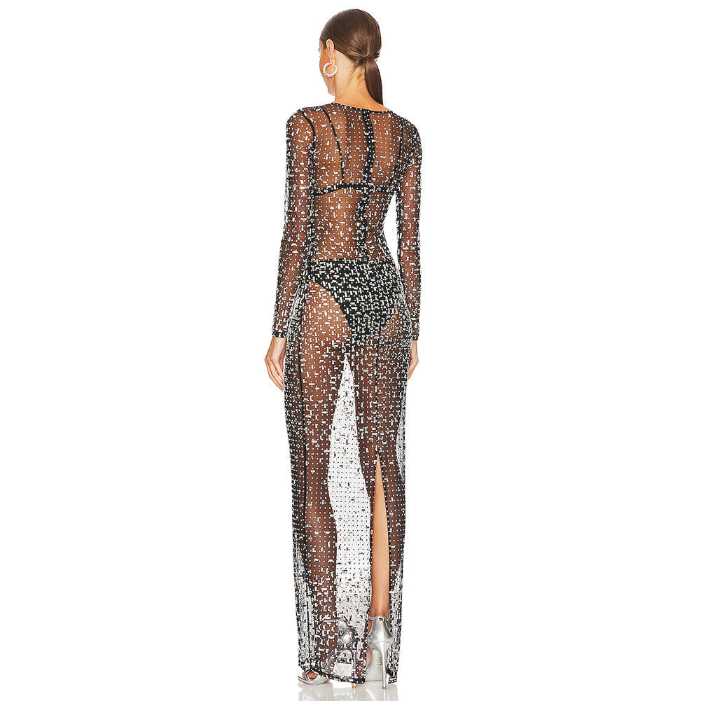 Maxi-Bodycon-Kleid mit Rundhalsausschnitt, langen Ärmeln und Strass