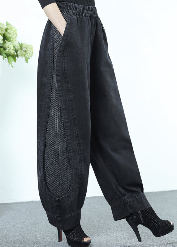 Lose Schwarz Grau Patchwork Elastische Taille Denim Crop Hosen Herbst