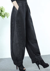Lose Schwarz Grau Patchwork Elastische Taille Denim Crop Hosen Herbst