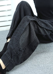 Lose Schwarz Grau Patchwork Elastische Taille Denim Crop Hosen Herbst
