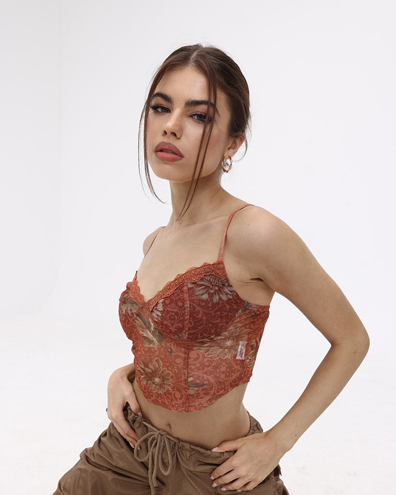 Aprikosenblatt-Korsett-Camisole mit Spitzenbesatz