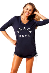 Navy Ruched Tie Side V Neck Beach Cover Up