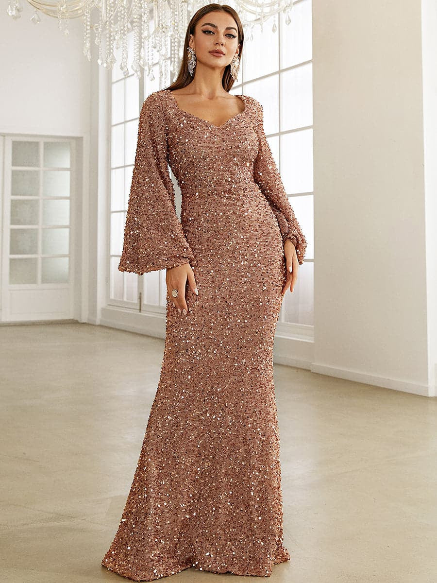 Vestido de noche elegante, ajustado y con escote en V profundo y mangas largas con lentejuelas 