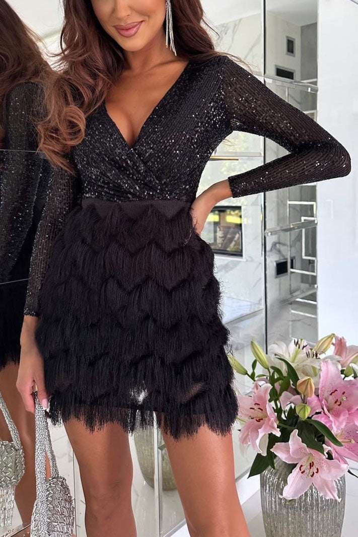 Vestido de patchwork de felpa con lentejuelas y mangas largas con escote en V profundo