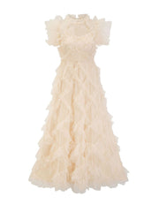 Vestido maxi ajustado con cuello alto, manga corta y volantes HT0916 