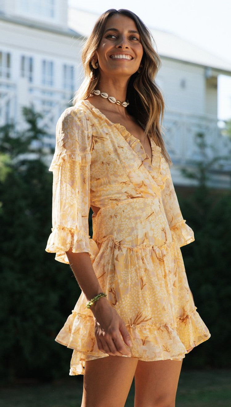 Gesmoktes Rüschenkleid mit Papaya-Print
