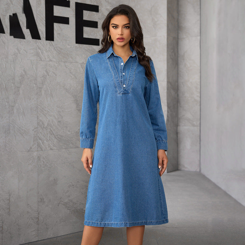 Blue Peter Pan Collar False Two Pieces Patchwork Denim Dresses Long Sleeve
