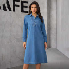 Blue Peter Pan Collar False Two Pieces Patchwork Denim Dresses Long Sleeve