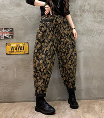 Stilvolle Schwarze Cinched Print Lose Jeanshose Hose Winter