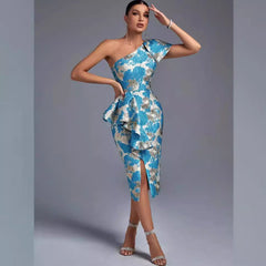 Ärmelloses, figurbetontes Midikleid mit One-Shoulder-Träger und Rüschen