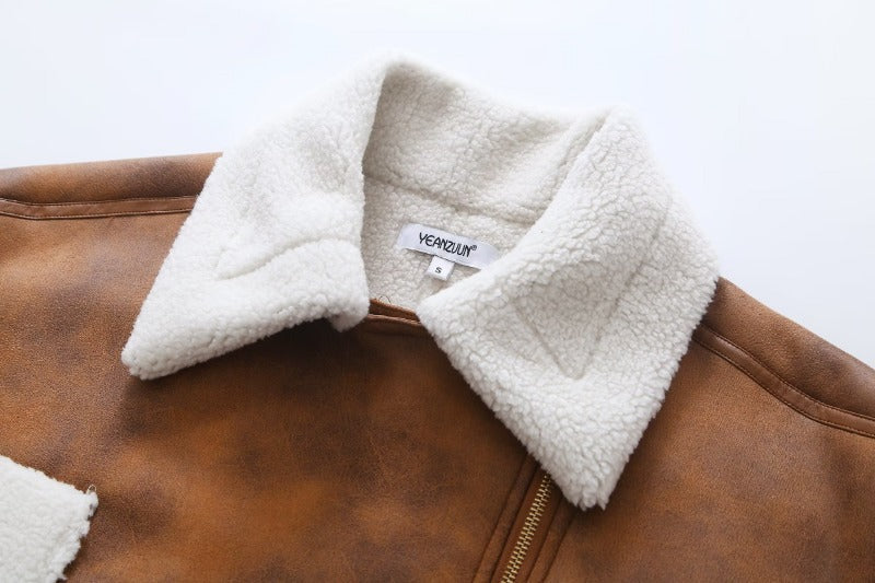 Shona Sherpa-Jacke aus Kunstleder mit Taschen - Braun