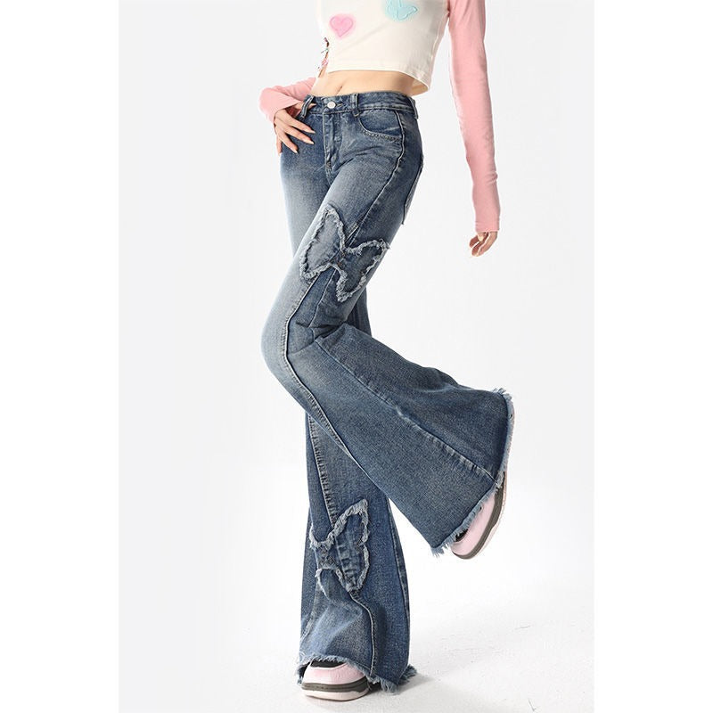 Vintage verwaschene Butterfly Flare Jeans