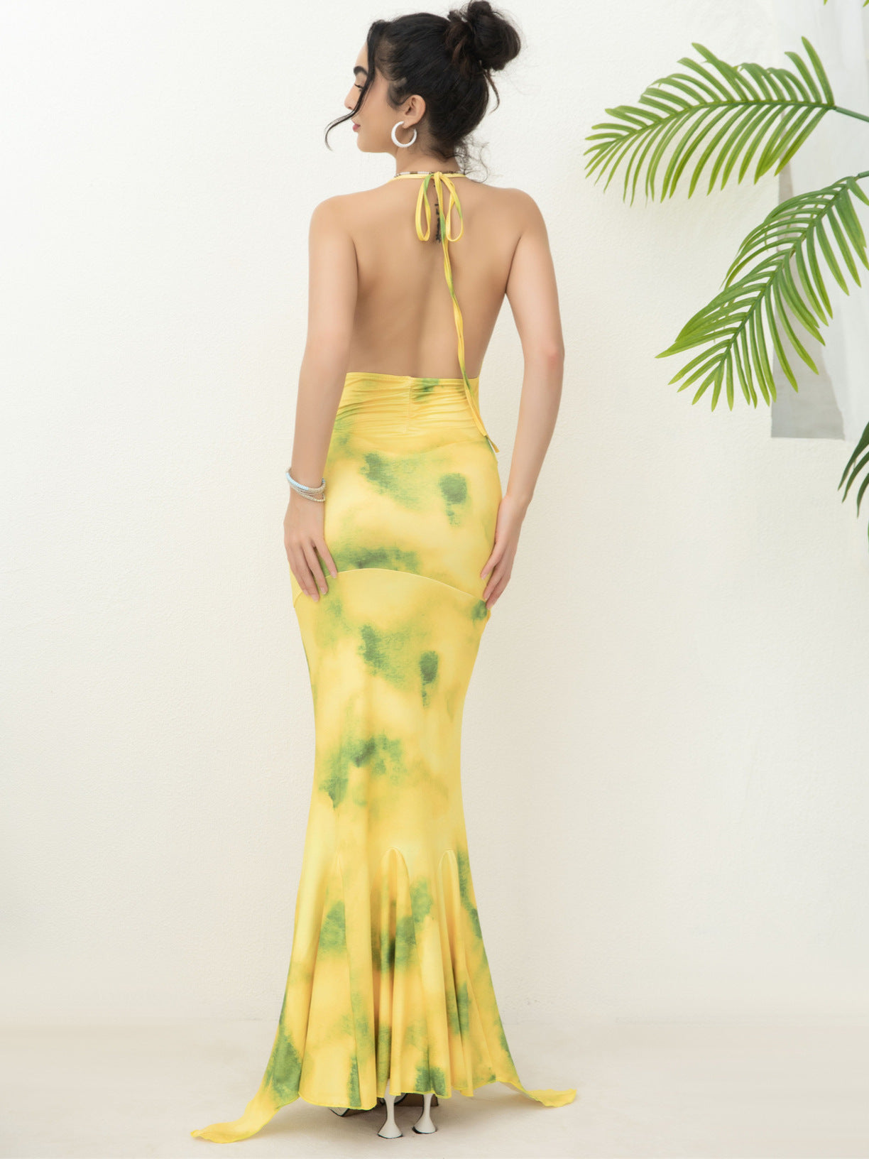 A-Linien-Minikleid mit Batikmuster und quadratischem Ausschnitt - Gelb