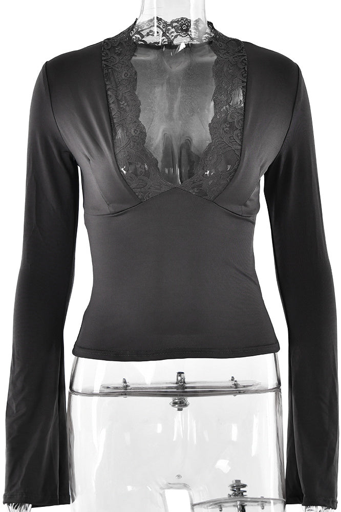 Lace Trimmed Deep V Flared Long Sleeved Top