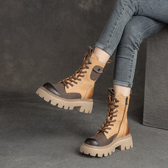 Women Retro Color Matching Patchwork Leather Combat Boots Newgew Shoes