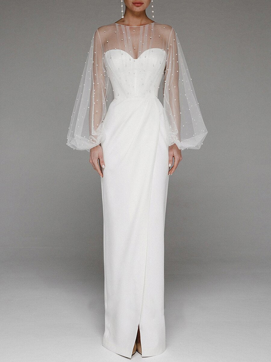 Vestido de novia con mangas abullonadas, sin tirantes y brillo brillante