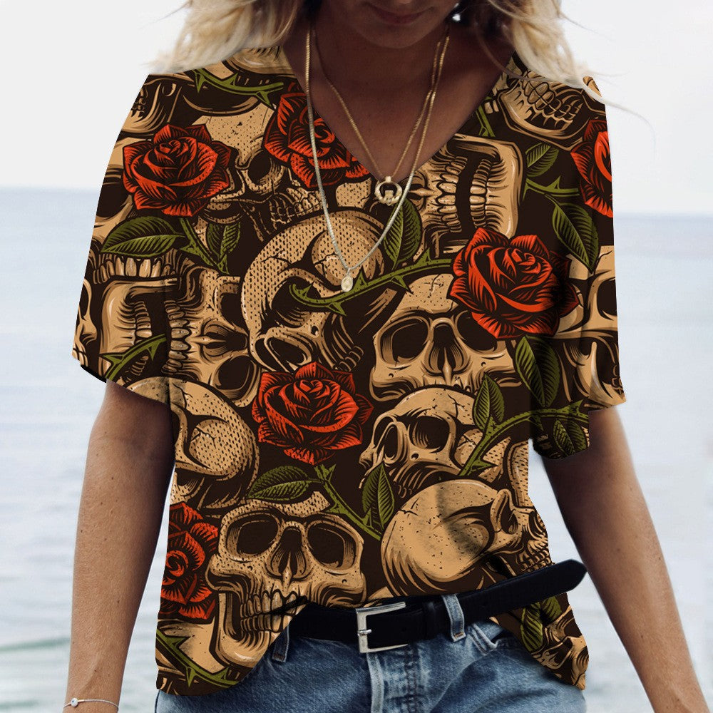 Kurzarm-T-Shirt mit V-Ausschnitt und Totenkopf-Print