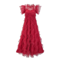 Vestido maxi ajustado con cuello alto, manga corta y volantes HT0916 