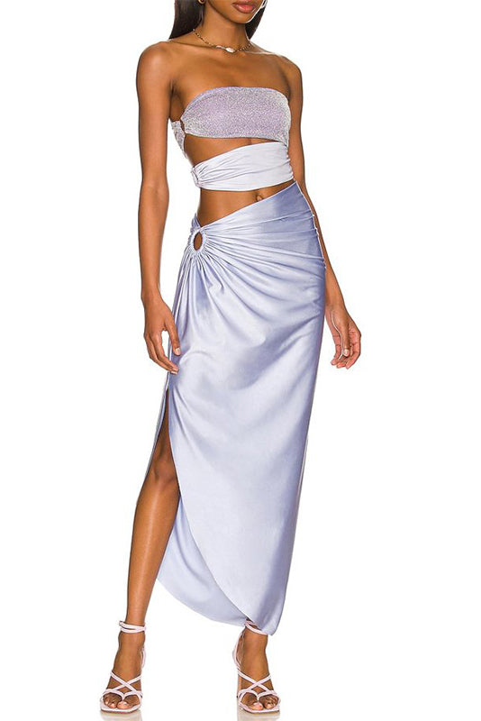 Lilac Pearl Strap Cutout Shiny Texture One Piece Swimsuit