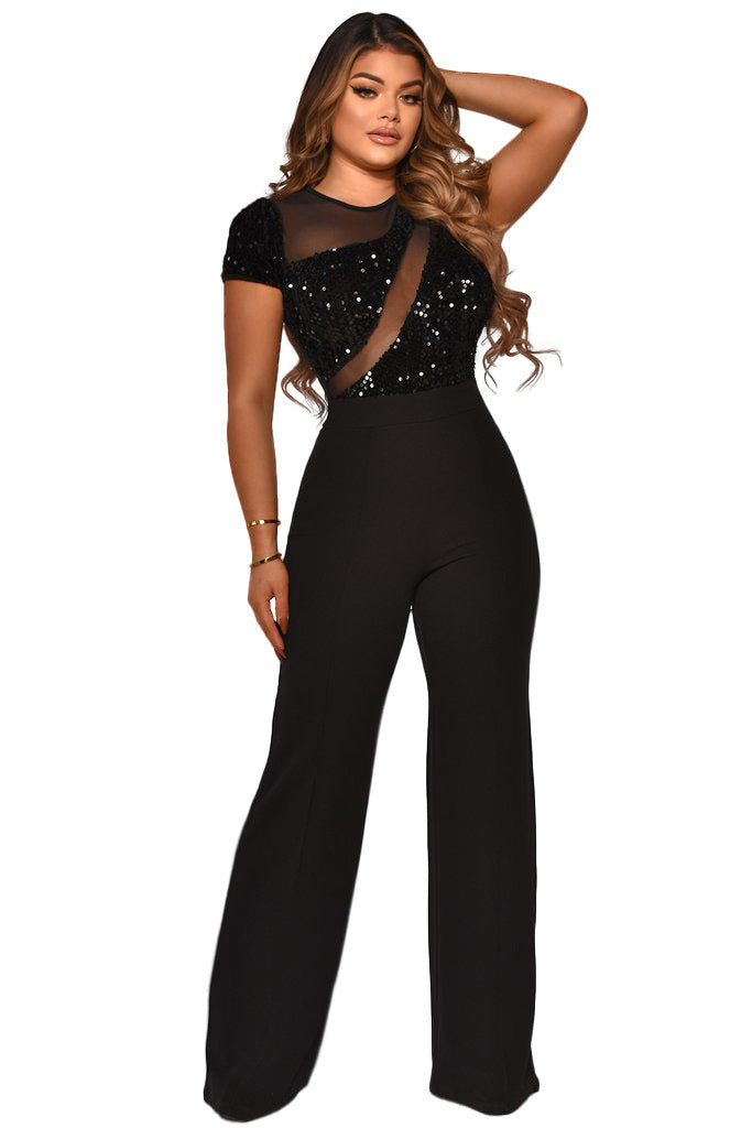 Kurzärmlige Jumpsuits mit Rundhalsausschnitt und hoher Taille