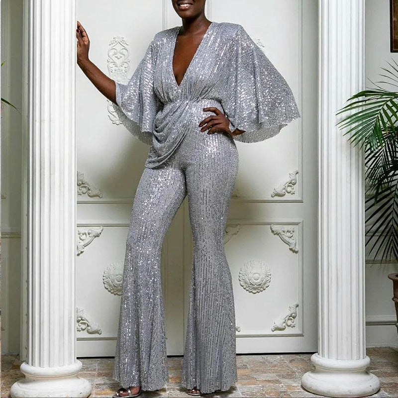 Festive Flair – Schlaghose mit Pailletten und hohem Bund – Silber