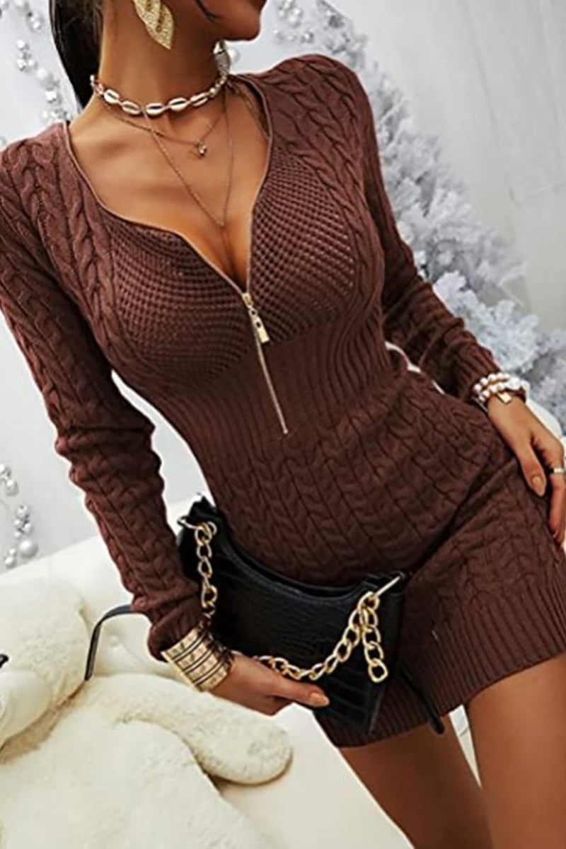 Vestido tipo suéter ajustado con cuello en V y cremallera