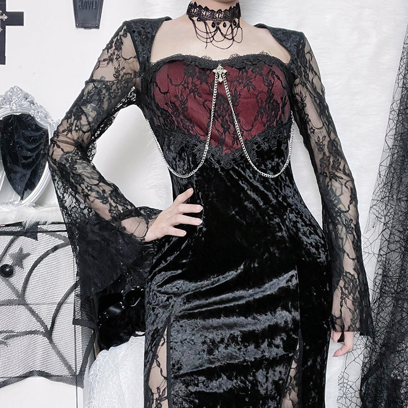 Vestido maxi ajustado con escote en V y mangas largas con aberturas