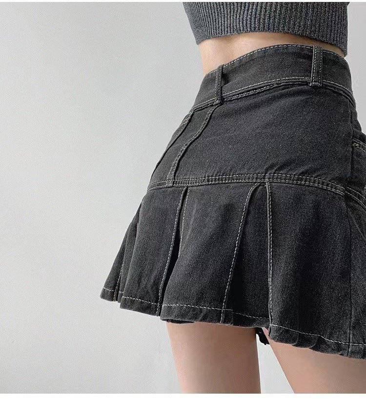 Slim Denim Short Pleated Skirt