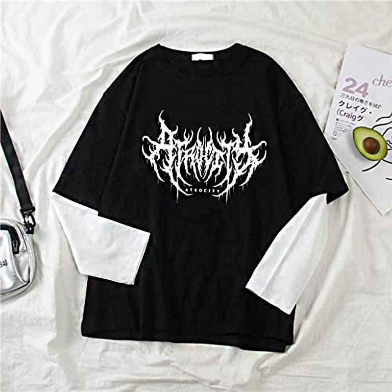 Schwarzes Grunge Fake Zweiteiliges T-Shirt mit Batikärmeln
