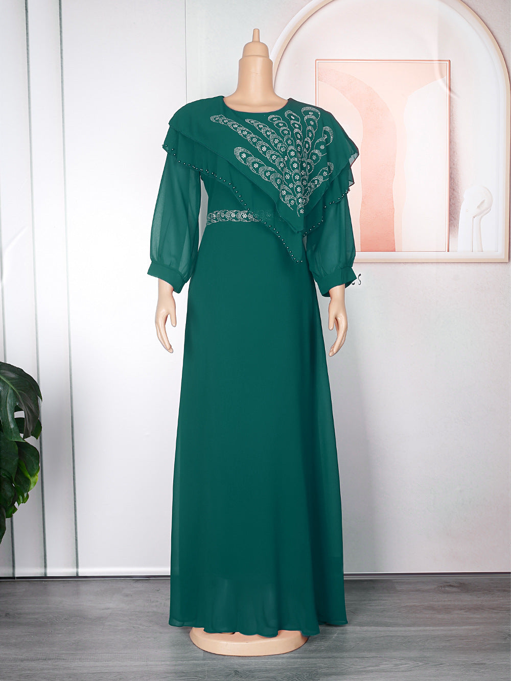 Chiffon Langarm Strass Maxikleider