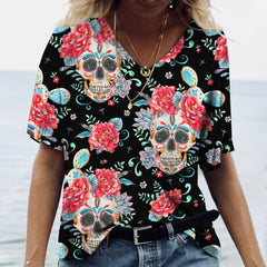 Kurzarm-T-Shirt mit V-Ausschnitt und Totenkopf-Print